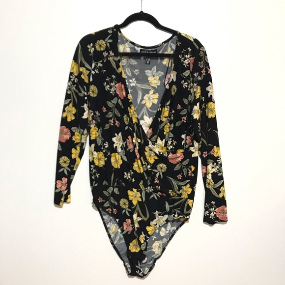 Addition Elle Floral Surplice Bodysuit Black 1X - Picture 3 of 7